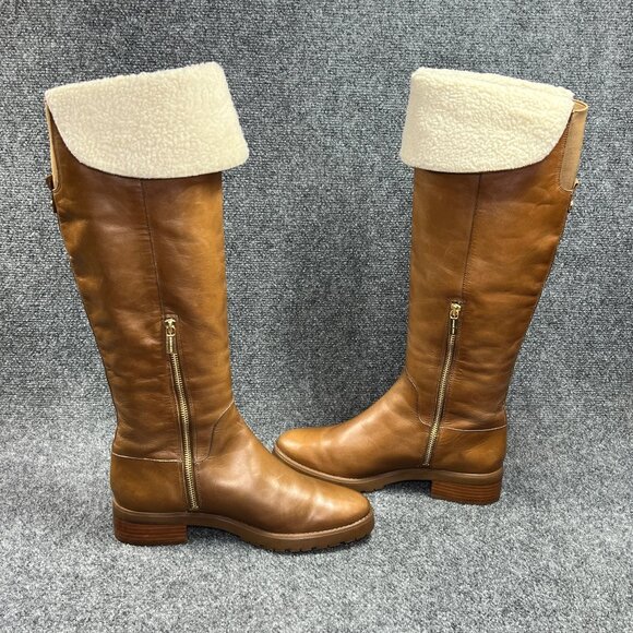Michael Kors Whitaker Boots Womens Size 9.5 Caramel Leather Tall Shearling Block - Picture 10 of 16